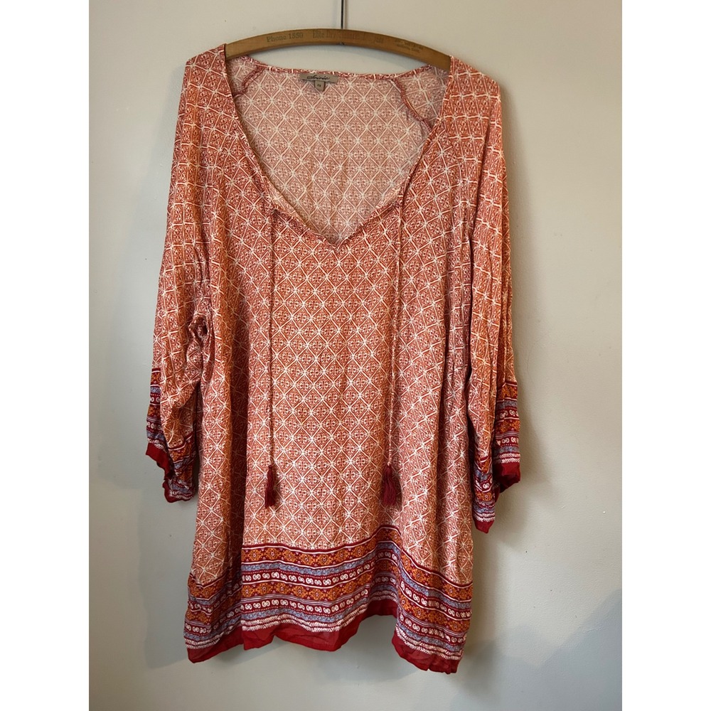 Soiree Orange White Geometric Tassel V Neck Tunic Top Plus Size 2X Boho Chic‎